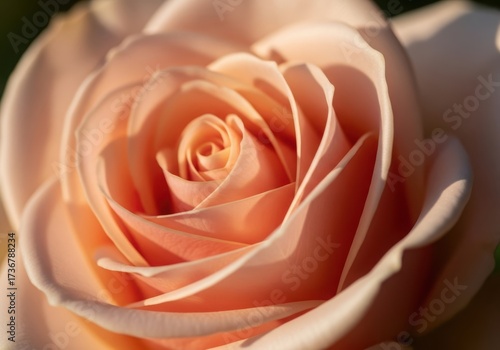Close up of a delicate peach colored rose in soft sunlight