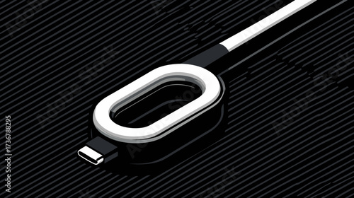 Modern sleek USB-C connector with white oval loop design on a dark patterned background, high-tech digital accessory, minimalist technology