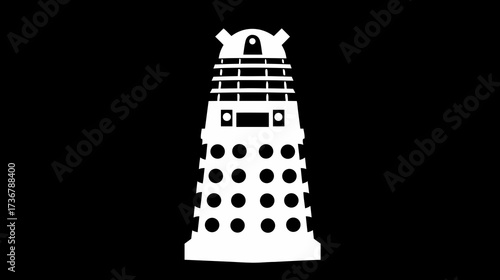 White retro science fiction alien creature silhouette on black background, vintage futuristic robot design icon, classic space invader illustration