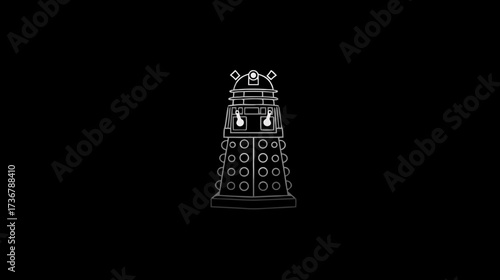Minimalist outline drawing of a menacing futuristic robot, an extraterrestrial machine in iconic sci-fi style on a dark background.