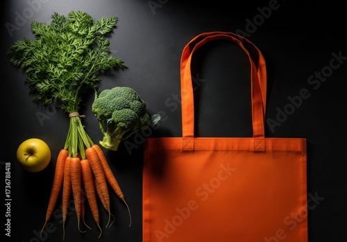 Fresh produce and reusable orange shopping bag on dark background