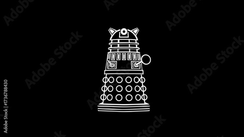 Minimalist white outline drawing of a classic sci-fi armored alien robot. Extraterrestrial antagonist character vector.
