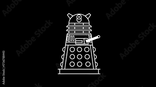 Futuristic alien robot warrior line art vector. Menacing science fiction creature with weapon and mechanical arm on black background. Minimalist design.