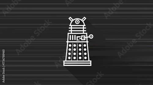 Outline futuristic alien robot icon with long shadow, digital line art illustration, sci-fi concept on dark striped background.