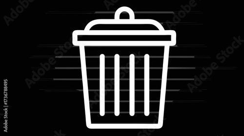 Digital white outline trash can icon on a black background. Concept for delete, remove, waste, recycle, disposal, and garbage bin.