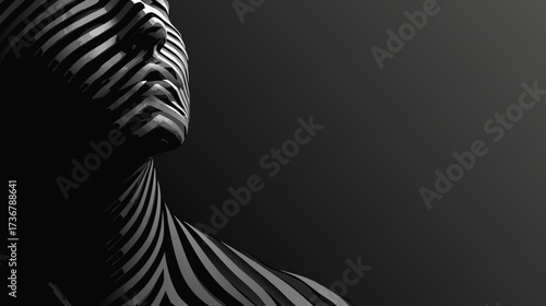 Artistic black and white portrait of a person with dramatic striped shadows creating an abstract pattern on skin. Minimalist concept.