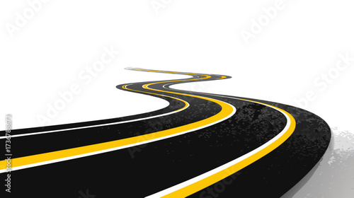 Conceptual winding asphalt road with double yellow lines, curving path disappearing into the distance, symbolizing journey, future, and opportunity.