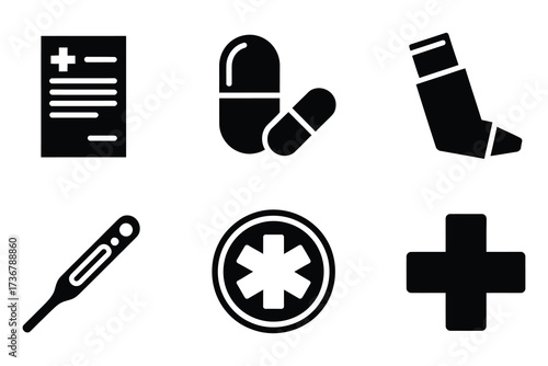 Set of medical icons including prescription pill thermometer inhaler and cross symbols