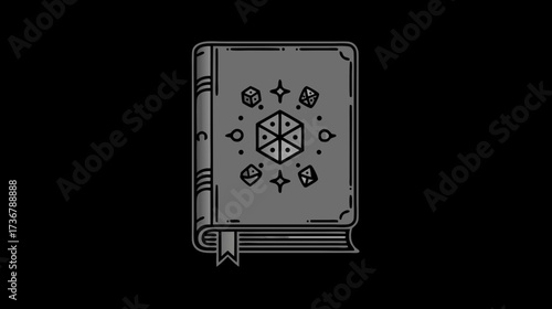 Monochrome Fantasy RPG Rulebook Illustration with Polyhedral Dice and Magic Symbols. Line Art Gaming Spellbook Graphic.