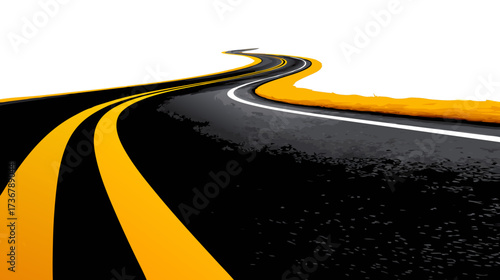 Winding asphalt road with vibrant yellow double lines and a crisp white single line, curving into the distance on a clean white background, symbolizing journey and progress.