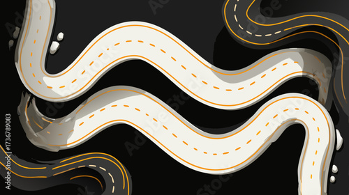 Abstract illustration of winding roads from an aerial perspective, showing multiple curving paths on a dark background. Journey concept.
