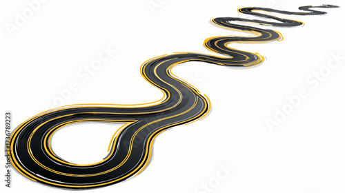 Long winding dark road with yellow markings receding on a white background, symbolizing journey, future path, progress, challenge, and opportunity.