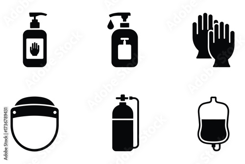 Hygiene and safety icons collection featuring hand sanitizer gloves face shield gas cylinder and iv bag