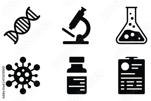 Scientific icons dna microscope flask virus vial and document for medical research and healthcare concepts
