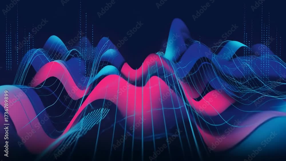 Abstract 3D visualization of vibrant pink and blue sound waves or data flow image photo