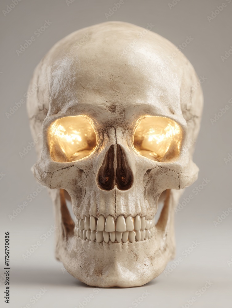 Obraz premium A human skull model features glowing eyes that illuminate the details of its structure, presented with a soft, neutral background for artistic effect.