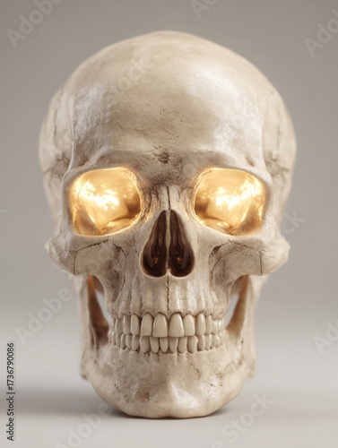 Wallpaper Mural A human skull model features glowing eyes that illuminate the details of its structure, presented with a soft, neutral background for artistic effect. Torontodigital.ca