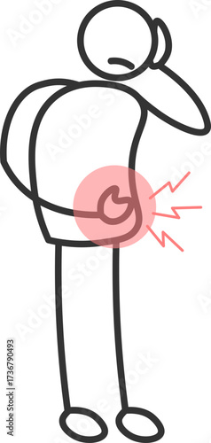 Palito doll with abdominal pain highlighted in minimalist style
