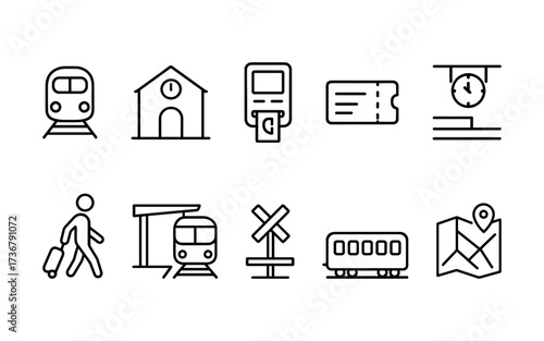 Train Travel Line Icons – Railway, Luggage, Timetable & Transit Essentials.