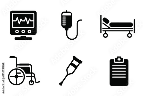 Hospital equipment medical icons set patient care healthcare services technology tools symbols