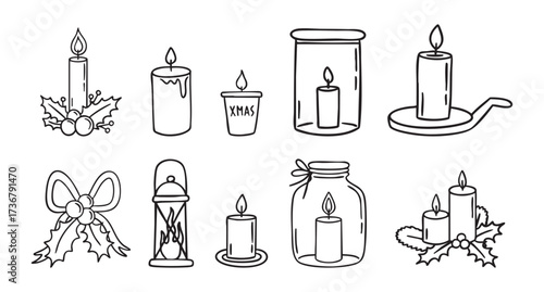 Christmas candles line art clipart set with holly and warm flames, monochrome collection, hand drawn.