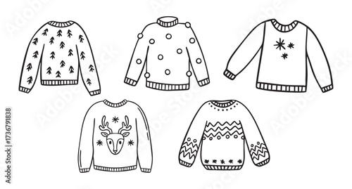 Christmas sweaters line art clipart set with reindeer, trees and snowflakes, monochrome collection, hand drawn.