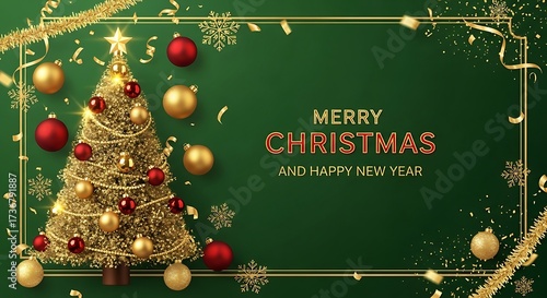 Festive christmas tree with ornaments on green background