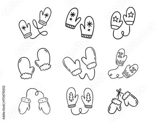 Winter mittens line art clipart set with pairs on string, knitted patterns, monochrome collection, hand drawn.