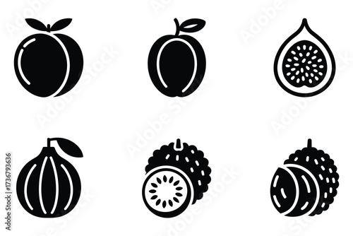Collection of simple silhouette icons representing various fresh fruits and tropical produce