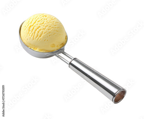 A perfect scoop of creamy yellow ice cream, likely vanilla or lemon, held by a shiny metal ice cream scoop, isolated on a clean transparent background, ready to be served and enjoyed