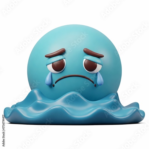 Sad crying emoji, 3D character melting into a puddle of tears.
