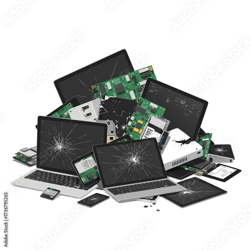 Pile of broken electronics with cracked screens and circuit boards, white background, isolated, vector  