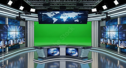 Dynamic news studio set with green screen backdrop and modern design elements ready for broadcasting and professional video production projects