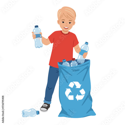 Young boy recycling plastic bottles while smiling in a blue bag, white background, isolated, vector  