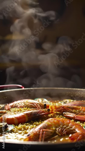 Vibrant Steaming Paella Macro Push-in on Saffron Rice, Succulent Shrimp, and Tender Mussels in a Rustic Spanish Kitchen with Dramatic Warm Lighting