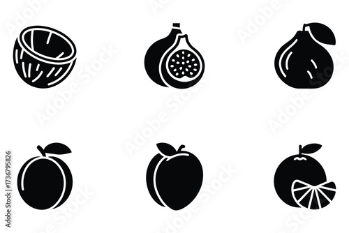 Set of six simple black fruit icons including coconut fig guava peach plum and orange