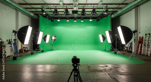 Professional photo studio setup with green screen background for creative video production and photography projects, offering versatile possibilities