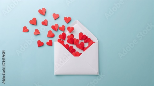 Red paper hearts spilling from white envelope on light blue background, representing love message, charity, or Valentine's Day greeting card.