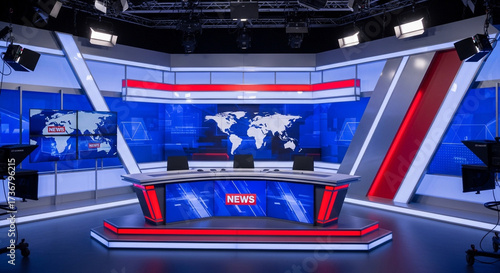 Modern and vibrant television news studio set ready for broadcast with world map backdrop and dynamic lighting perfect for news reports