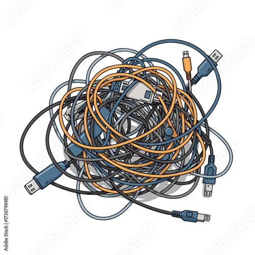 Tangle of various USB cables in gray, blue, and orange colors, white background, isolated, vector  
