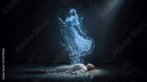 Ethereal soul departing body in near-death experience with luminous spirit form ascending through mystical light in transcendent spiritual moment