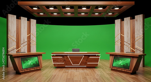 Create your news broadcast with this modern news desk and green screen background, ideal for professional presentations and studio productions