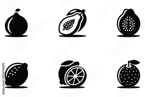 Collection of six distinct fruit silhouettes including fig papaya guava lemon lime and orange icons