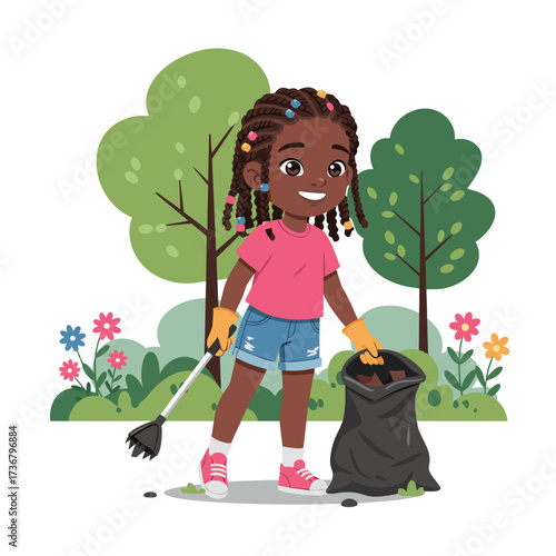Young girl picking litter in park while smiling and wearing gloves, white background, isolated, vector 