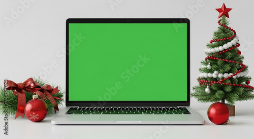 Spread holiday cheer with this laptop mockup featuring a green screen, ready for your festive design or message, perfect for Christmas campaigns!