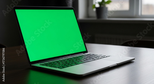 Wallpaper Mural Modern laptop displaying vibrant green screen on wooden desk, offering versatile design and advertising possibilities for tech and business projects Torontodigital.ca