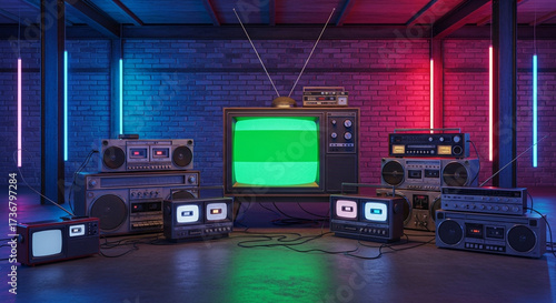 Vintage TVs and Boomboxes in Retro 80s Style Room with Neon Lighting for Music Lovers and Nostalgic Vibes, Perfect for Throwback Themes
