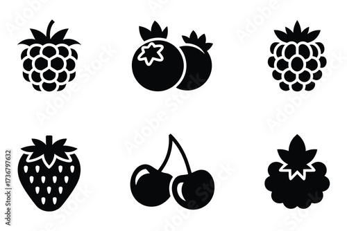 Collection of six black silhouette icons representing various fresh berries and fruit