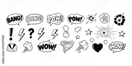 Black and White Comic Book Style Sound Effects and Speech Bubbles with Explosions and a Tornado Keywords: comic book, sound effect, speech bubble, bang, pow, wow, explosion, starburst