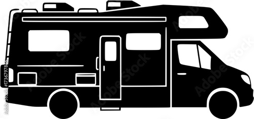 Black silhouette of a recreational vehicle rv camper van for travel and outdoor adventure lifestyle
